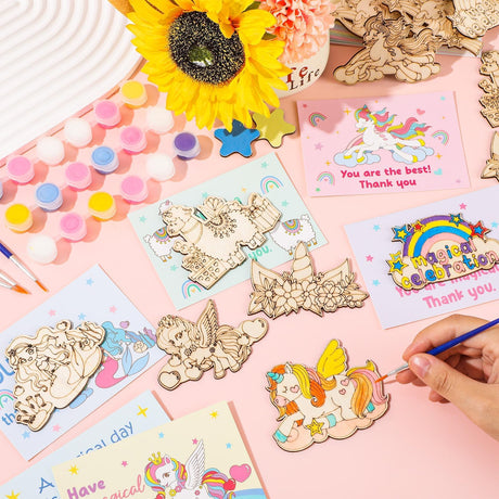 24 Set Unicorn Happy Birthday Party Favors Cards with Wood Painting Crafts Unicorn Coloring Party Supplies Unicorns Wooden Arts and Crafts Tables Centerpieces for Baby Shower Decorations Justforjoyful