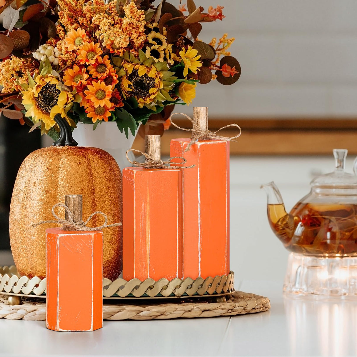 Whaline 3Pcs Fall Wooden Signs Table Decor Rustic Autumn Farmhouse Centerpiece Orange Block Wood Sign Thanksgiving Party Tabletop Decor with Hemp Rope for Fall Harvest Home Tiered Tray Decor Whaline