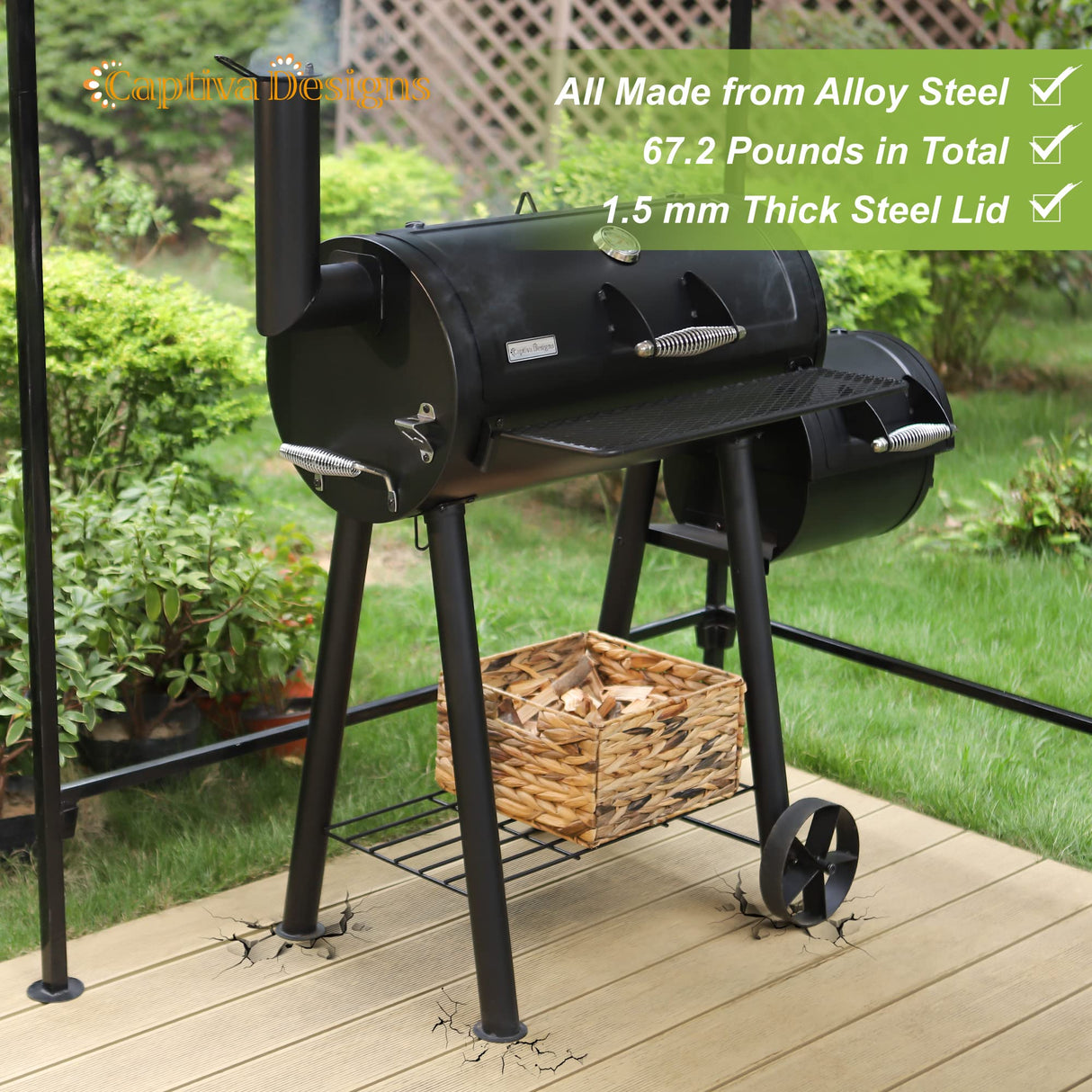 Captiva Designs Charcoal Grill with Offset Smoker, All Metal Steel Made Outdoor Smoker, 512 sq.in Cooking Area, Best Combo for Outdoor Garden Patio and Backyard Cooking Captiva Designs