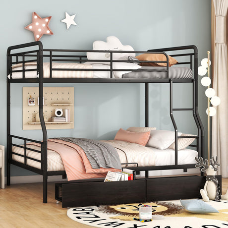 DNYN Full Over Queen Bunk Bed with Storage Drawers for Kids/Adults,Convertible Metal Bedframe w/Ladder & Safety Guardrails,No Box Spring Needed,Perfect for Dorm,Bedroom,Guest Room, Black DNYN