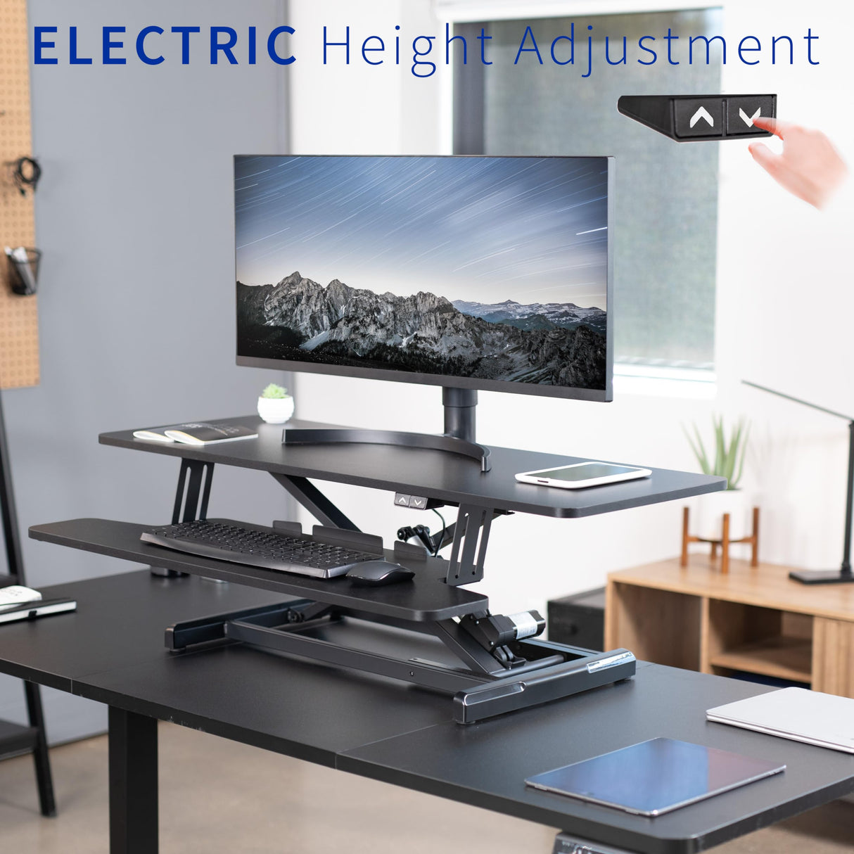 VIVO 42 inch Electric Motor Desk Converter, Height Adjustable Riser, Sit to Stand Dual Monitor and Laptop Workstation with Wide Keyboard Tray, Black, DESK-VE42B VIVO