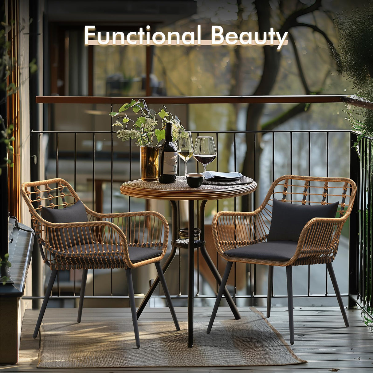 JOIVI Outdoor Patio Wicker Chairs Set of 2, Rattan Dining Chairs with Cushion and Armrest, Porch Chairs Outdoor Seating with Iron Frame, Balcony Furniture for Apartments, Lawn, Backyard, Garden, Black JOIVI