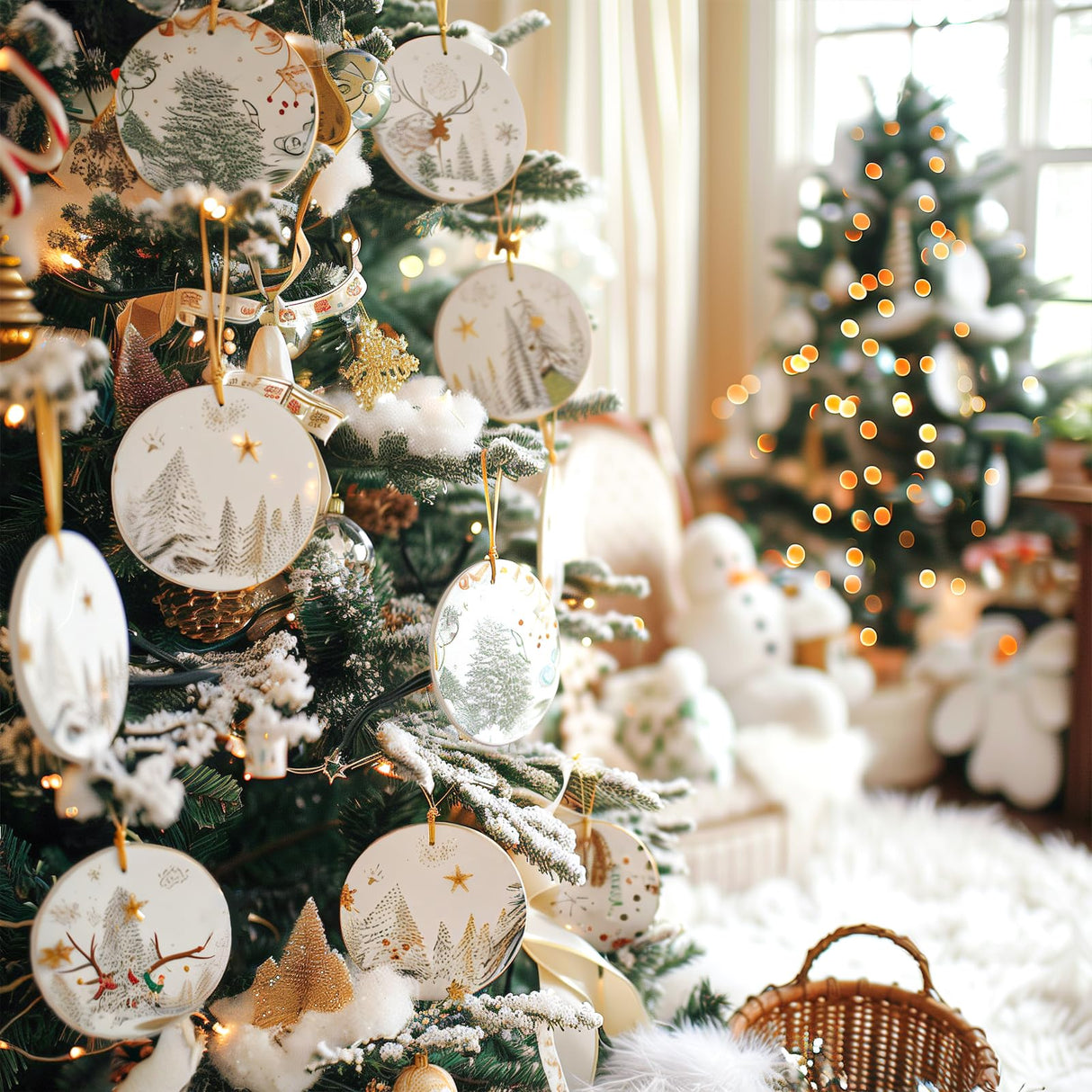 50 PCS Sublimation Ceramic Ornament Bulk Round Blank Ornament with Gold String for Crafting DIY Personalized Christmas Home Decor, White 2.8 Inch YOUKE OLA