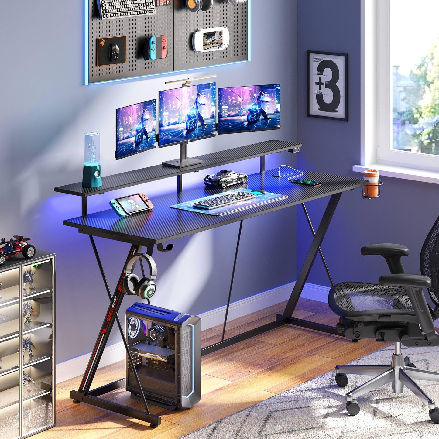 SEVEN WARRIOR Gaming Desk with LED Lights & Power Outlets, 55" Computer Desk with Monitor Shelf, Home Office Desk with Cup Holder and Headphone Hook, Ergonomic, Carbon Fiber Surface Black - WoodArtSupply