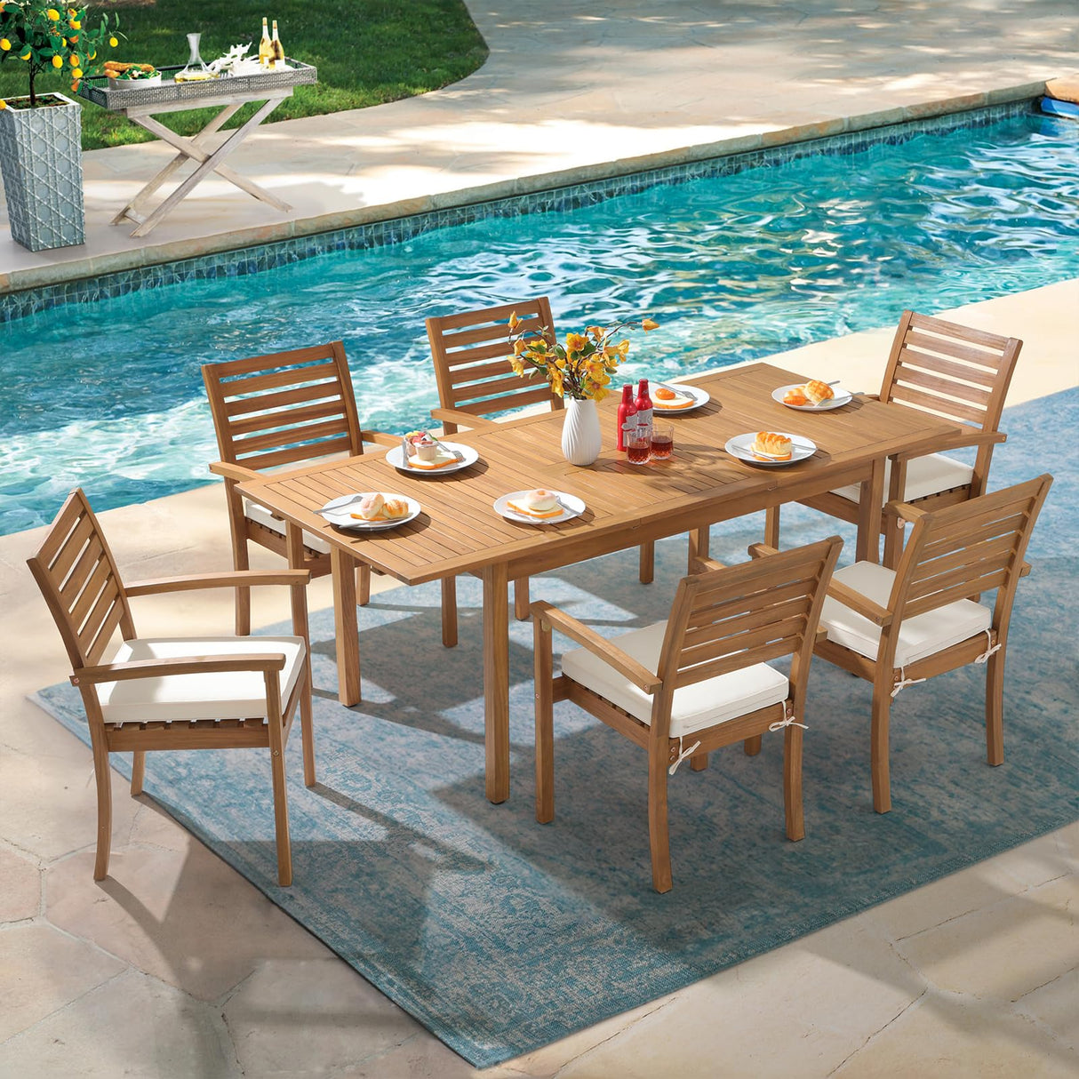 OC Orange-Casual 7 Piece Patio Dining Set, Outdoor Acacia Wood Furniture Set, Extendable Rectangular Table and 6 Stackable Chairs w/Removeable Fabric Cushion, White Cushion OC Orange-Casual