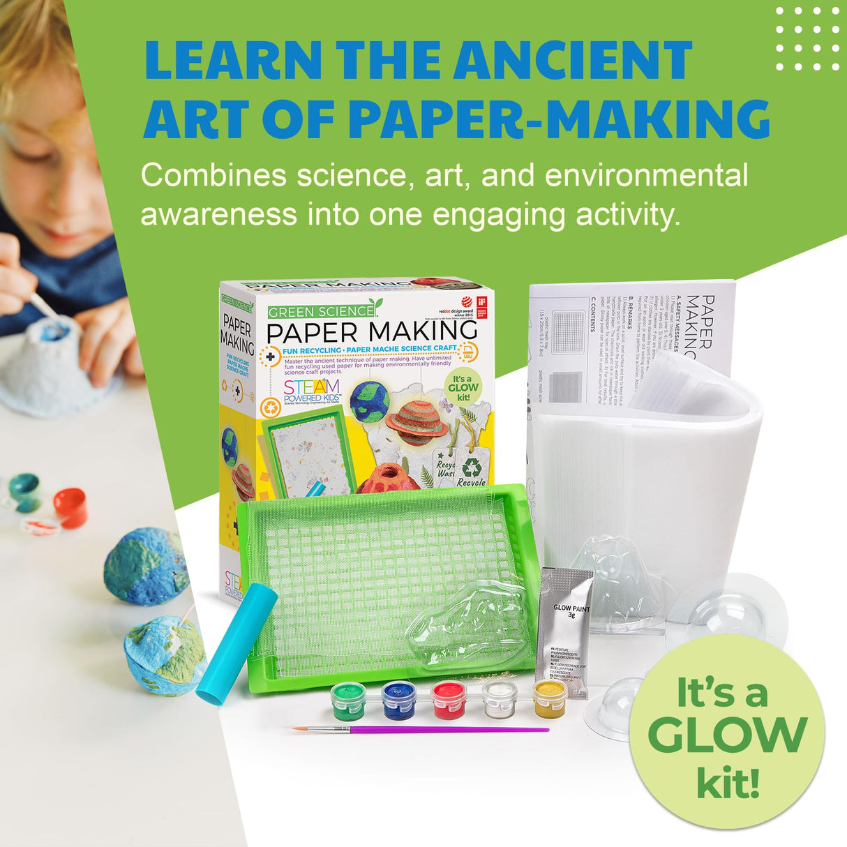 4M Green Science - Paper Making Kit - Recycle and Create Your Own - Paper Making Screen - Green DIY Craft Stem Toys Kit for Kids - Includes Molds, Paints, and Glow-in-The-Dark Features 4M