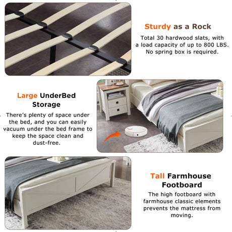 Farmhouse King Size Bed Frame with Stylish Storage Headboard and Charging Station in Antique White T4TREAM