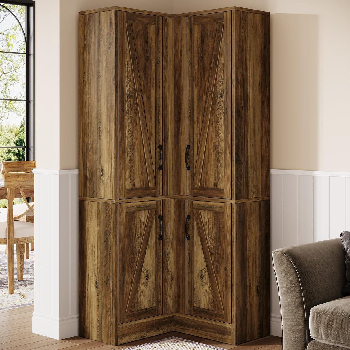 Tribesigns 70.8" Tall Corner Cabinet, Farmhouse Storage Cabinet with 4 Doors & 5 Storage Shelves, Wood Cupboard with Barn Door, Home Space Saver for Living Room, Kitchen, Laundry Room, Rustic Brown Tribesigns
