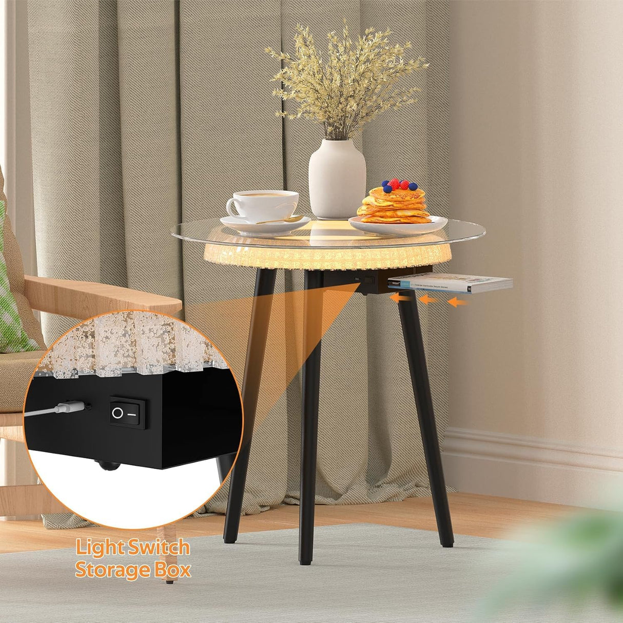 Bigbiglife Coffee Table with Led Light, Luxury Metal End Table with 3D Mirror, Glass Side Table for Appartment Home Living Room Bigbiglife