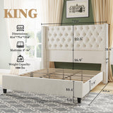 Jocisland King Upholstered Bed Frame with Tall Headboard Wingback Platform Bed Tufted Deep Button Velvet/No Box Spring Needed/Easy Assembly/Cream Jocisland