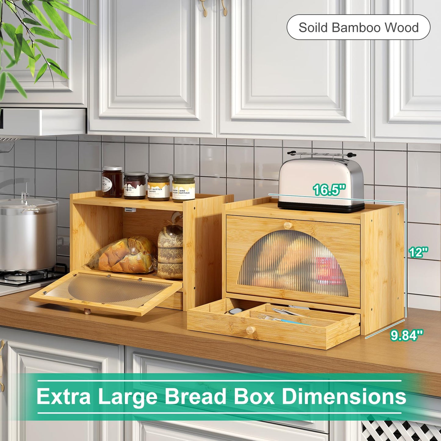 kiplant Bread Box for Kitchen Counter, Bamboo Bread Storage Container with Silverware Drawer Organizer, Bamboo Wooden Farmhouse Bread Box for Your House