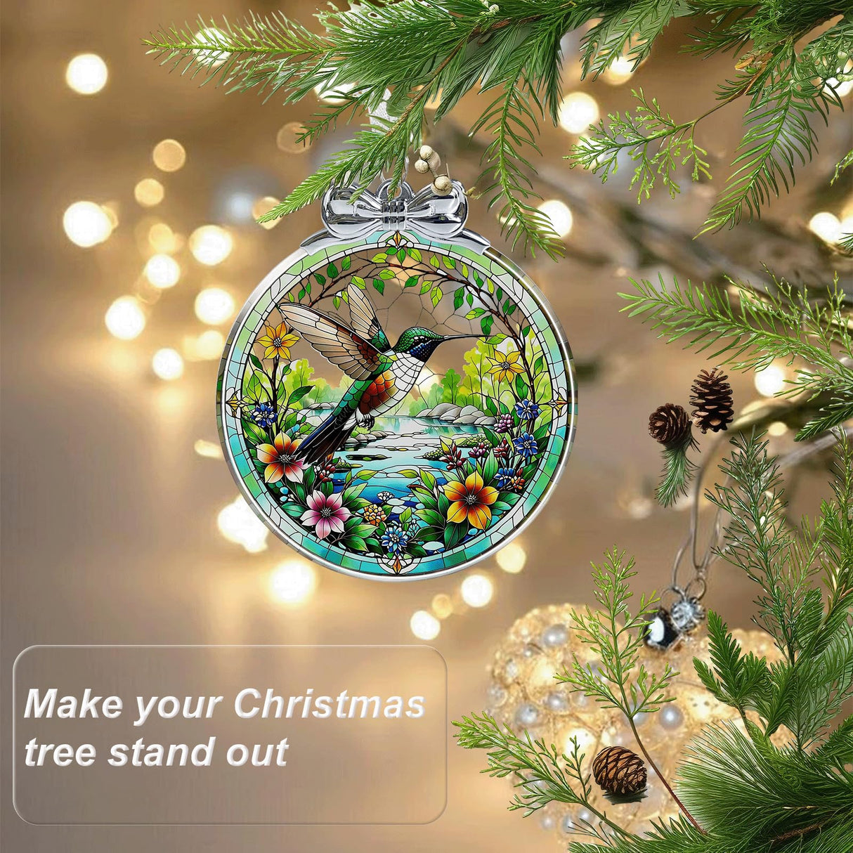 Hummingbird Stained Glass Ornament - Hanging Ornaments for Christmas Tree, Christmas Ornaments Xmas Decorations, Holiday Keepsake Present Exchange Ideas Aestas