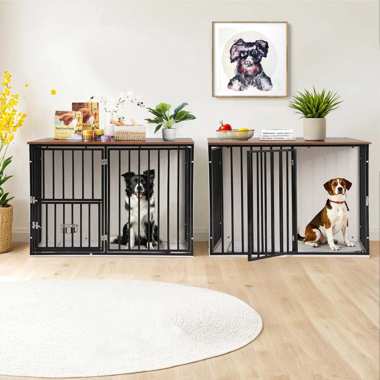 FKLUG Dog Crate Furniture for 2 Dogs, Corner Heavy Duty Double Dog Kennel Furniture with Divider, Indoor Wooden Dogs Crate Large Breed (Black) FKLUG