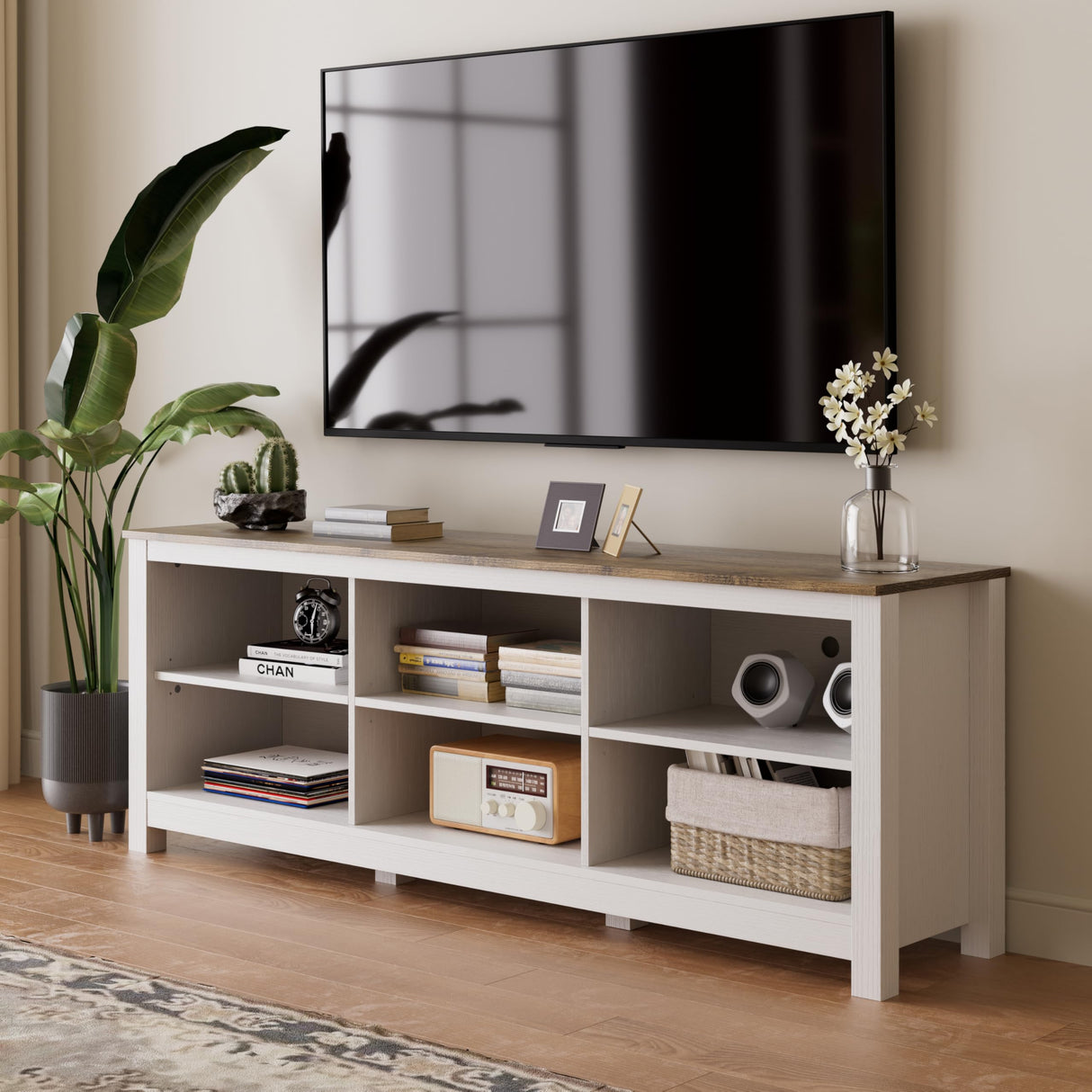 BVIUNTWO White TV Stand for TVs up to 75 Inch,Entertainment Center for 65+ inch TV Console Table with 6 Storage Cubby, Classic Television Stands for Living Room Bedroom, 70 Inch BVIUNTWO