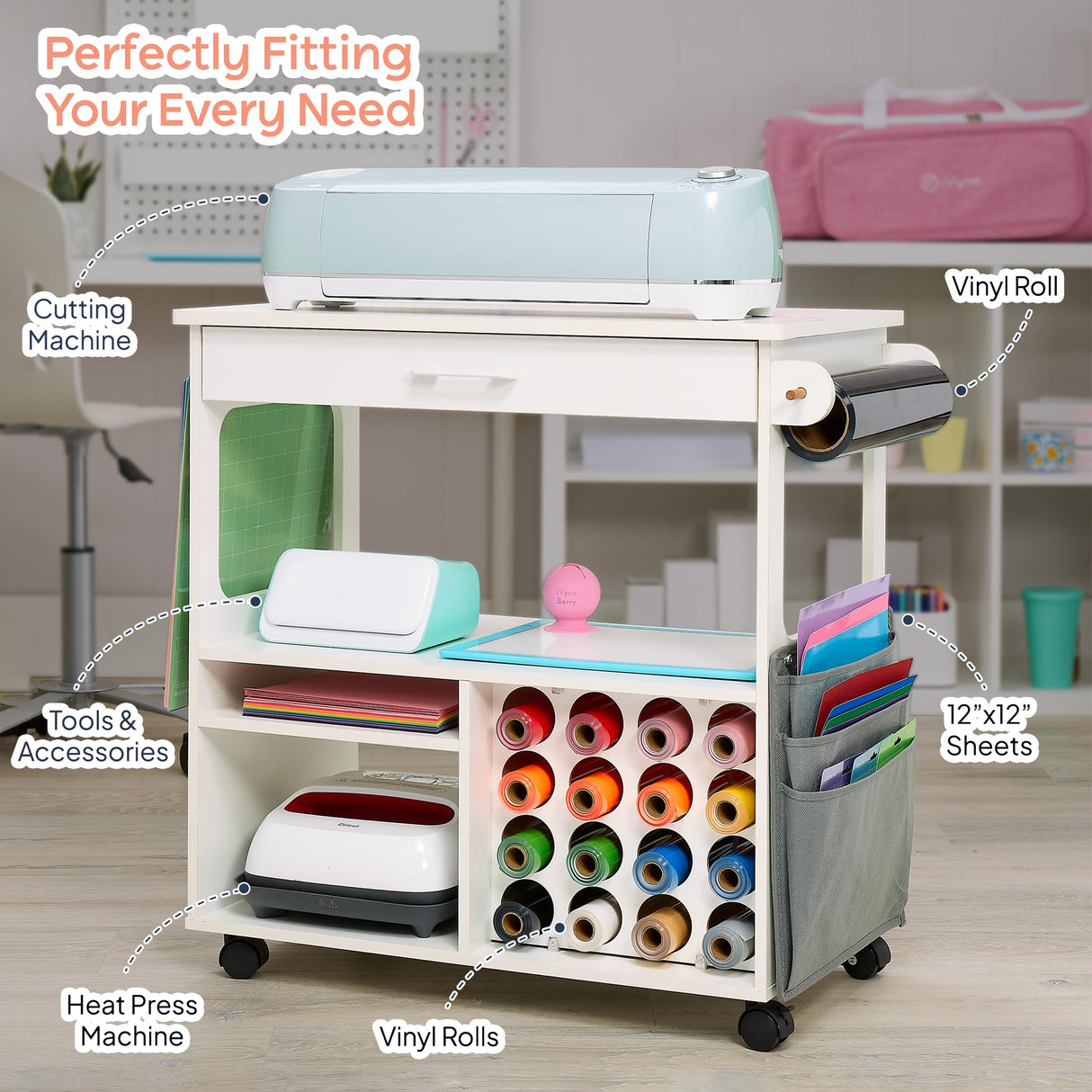 iVyne Craft Cart, Ultimate Organization & Storage Table for Cricut/Silhouette, Craft Table with Storage, Workstation for Accessories, iVyne Berry, Vinyl Rolls, and More - White iVyne