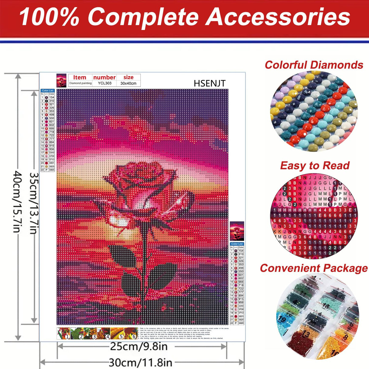 HSENJT Rose Diamond Art Painting Kits for Adults Beginners,Flowers DIY 5D Diamond Art Kits,Beach Diamond Art Painting for Home Wall Decor (30x40cm/11.8X15.7inch) HSENJT