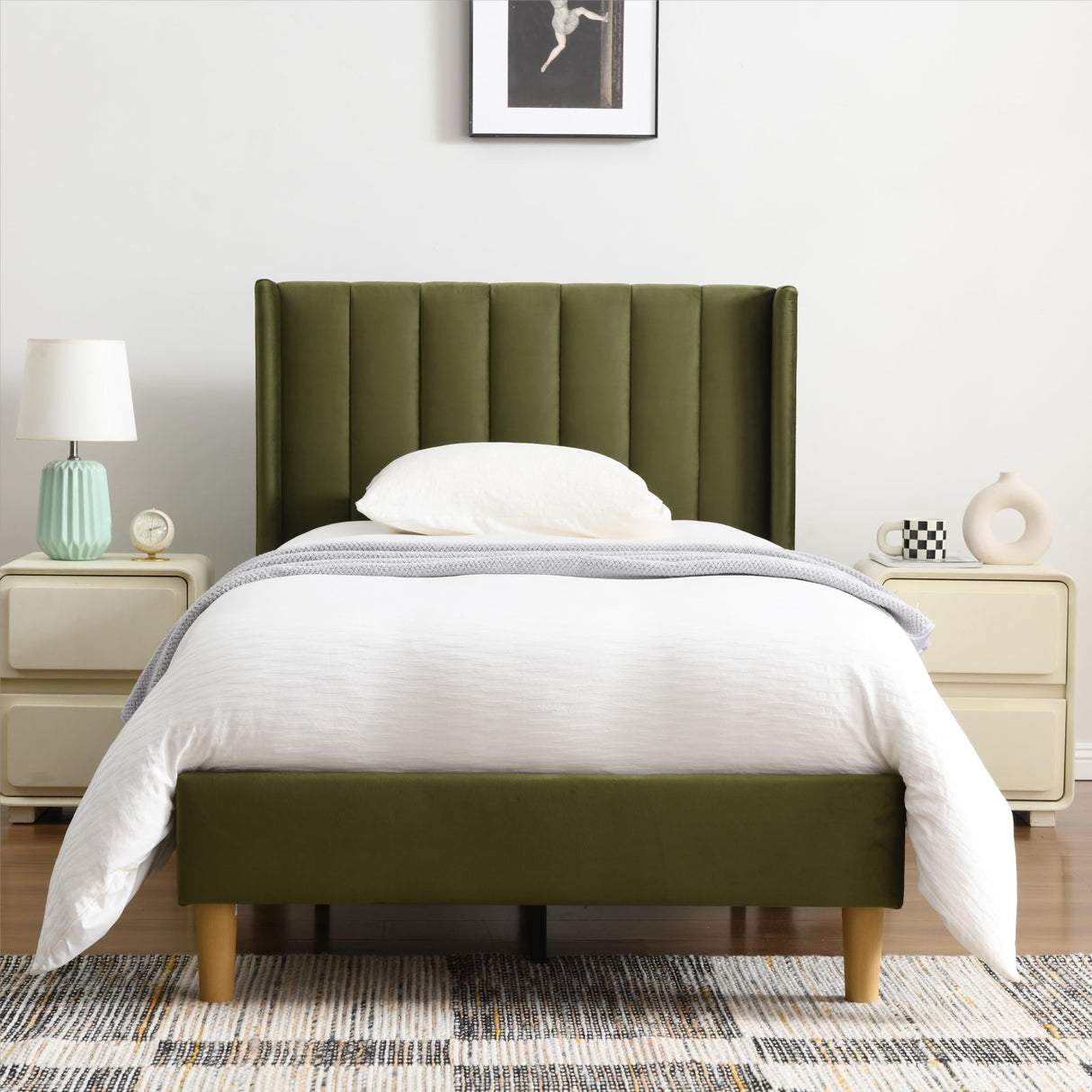 YUHUASHI upholstered Platform Bed Frame/Twin Bed Frame/Modern Geometric Double-Wing Design headboard/Velvet Fabric/Easy to Assemble no Noise (Grass Green, Twin) YUHUASHI
