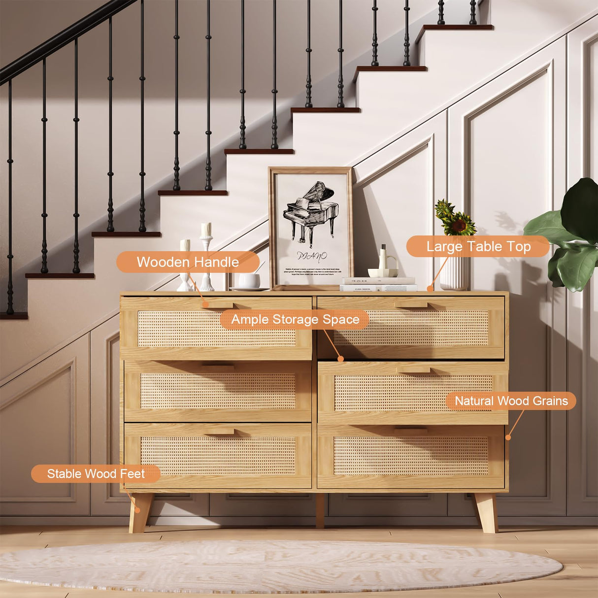 XDliv Rattan Dresser, 6-Drawer Double Dresser Rattan Storage Chest Unit for Bedroom XDliv