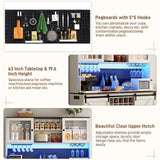 74" Tall 63" Wide Large Coffee Bar Cabinet w/ Outlet,6000-color LED Light,Pegboard,Farmhouse Hutch Cabinet w/Barn Door,2 Big Drawers,Adjustable Shelves,10 Wine & Glasses Rack,5 Hook for Kitchen,White chartustriable