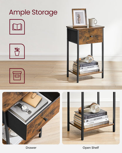 VASAGLE Nightstand, Side Table with Fabric Drawer, 24-Inch Tall End Table with Storage Shelf, Bedroom, Rustic Brown and Black ULGS021B01 - WoodArtSupply