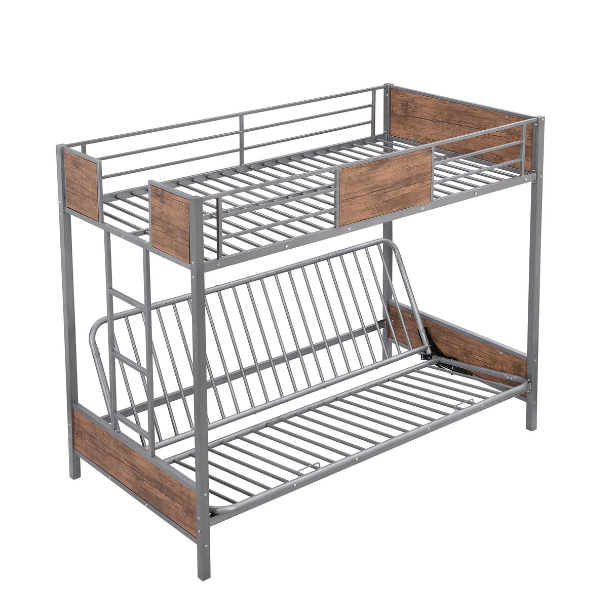 Twin-Over-Futon Bunk Bed, Metal Bunk Bed Frame Twin Over Twin Loft Bunk Bed Frame with Safety Guardrails & Ladder for Teens Adults, Bottom Full Size Bunk Bed Can be Converted into Futon/Seat (Gray) MWrouqfur
