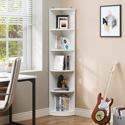 YITAHOME 5-Tier White Corner Bookshelf – Modern Free Standing Display Rack for Living Room and Home Office - WoodArtSupply