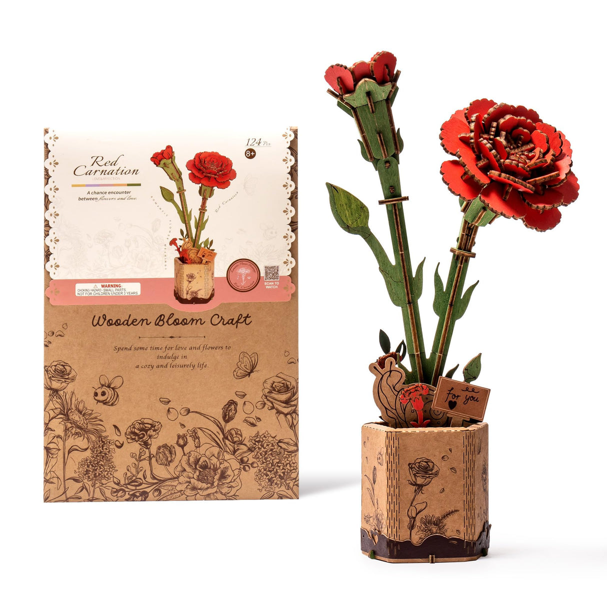 ROBOTIME 3D Puzzles Wooden Artifical Flower Red Carnation DIY Model Building Kit to Build for Adults Bouquet Botanical Collection Craft Brain Teaser Puzzle Creative Gift Home Decor ROBOTIME