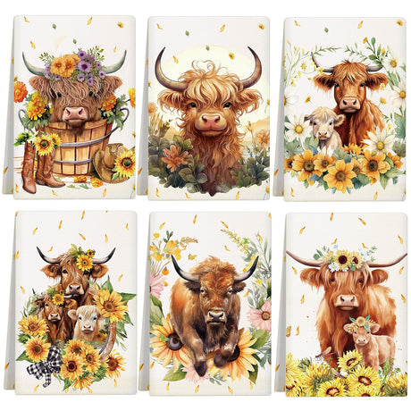 Redbaker Set of 6 Highland Cattle Kitchen Towels Highland Cow Themed Dish Towels Absorbent Farm Cattle Watercolor Floral Tea Hand dishcloths Housewarming Gift for Farmhouse Kitchen(Vintage,Sunflower) Redbaker