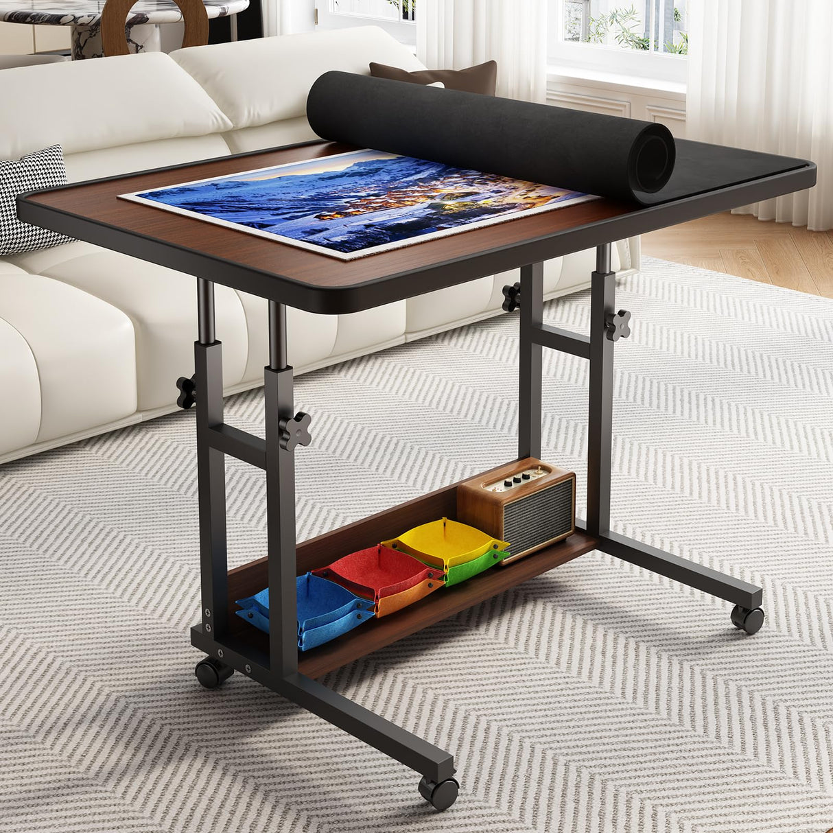 UPVERCY 1500 Piece Adjustable Puzzle Table with Legs and 6 Trays & Protective Cover, 34.8" x 26.7" Rolling Puzzle Board with Storage Shelf & Wheels - Jigsaw Puzzle Table, Wood Grain Finish - Walnut upvercy