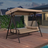 PURPLE LEAF Outdoor Patio Porch Swing Adjustable Backrest, 3-seat Swing Chair with Weather Resistant Steel Frame for Backyard Front Porch Lawn, Cushion and Pillows Included, Beige PURPLE LEAF