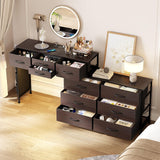 REAHOME Dresser for Bedroom with Charging Station and LED Light, 67" Rotatable Vanity Desk with LED Light and Side Pockets, Makeup Table with 10 Fabric Drawers, Modern Home Office Desks, Brown REAHOME