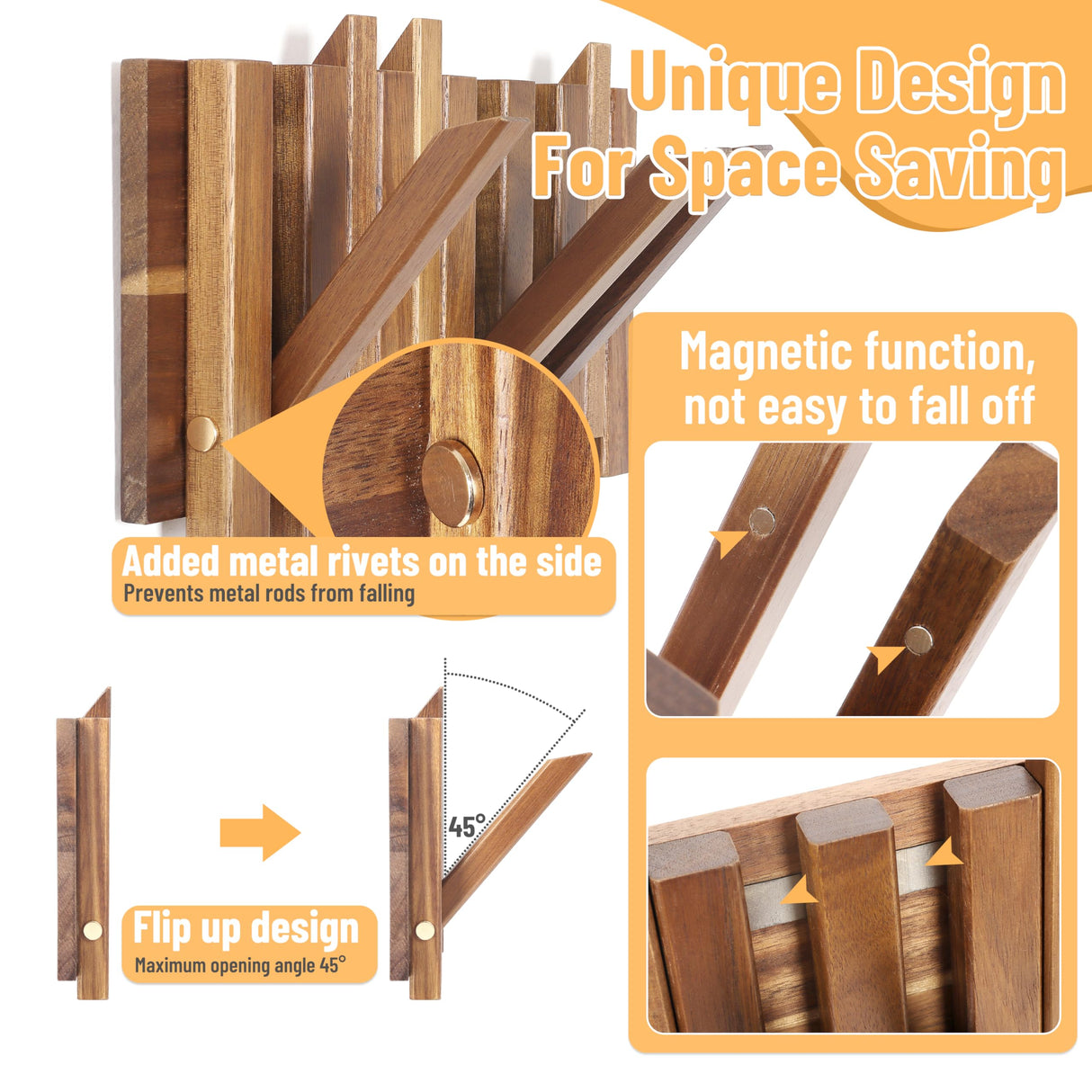 KYIAANY Coat Rack Wall for Farmhouse: Wood Rustic 6 Hooks Mount 10.4inch Retractable Wall Mounted for Small Spaces Entryway Hallway Bathroom for Hanging Jacket Towel Backpack Bag KYIAANY