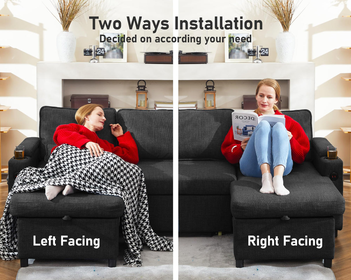 DURASPACE Sofa Bed Sleeper Pull Out 2 in 1 Sectional Sleeper Sofa Couches with Storage,USB, Cup Holder,Pullout Sectional Couches for Apartment Living Room (Dark Gray) DURASPACE