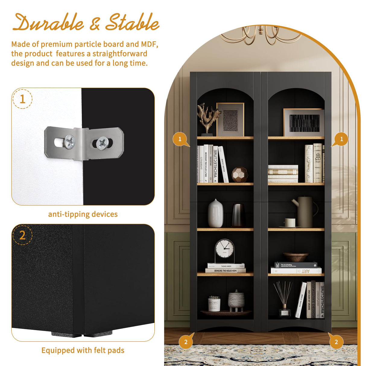 Merax Modern 3 Piece TV Stand with 2 Bookshelves for TVs up to 70'', Mid-Century Solid Wood Entertainment Center with Storage Cabinets, Practical Media Console for Living Room, Bedroom, Black Merax