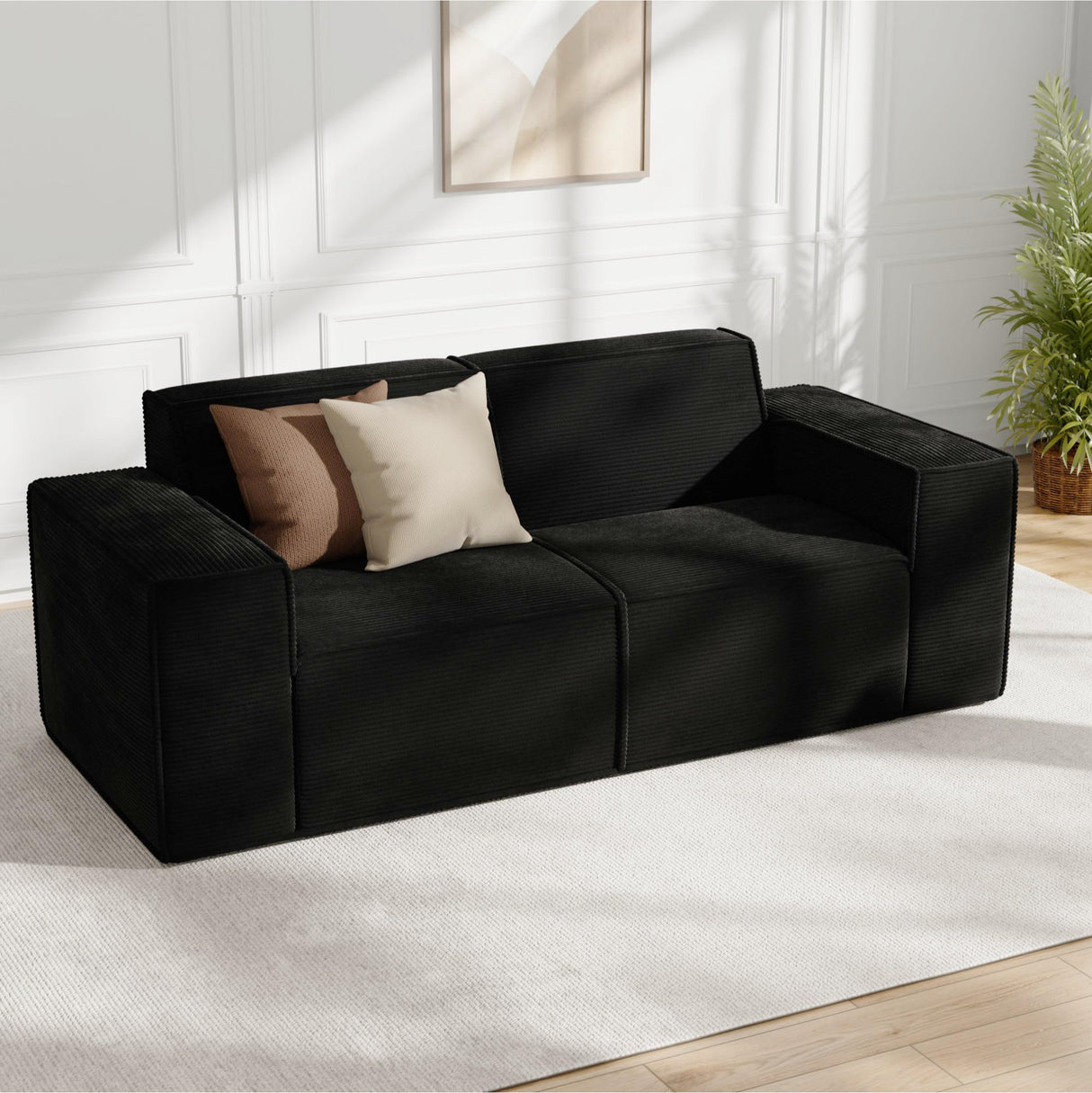 Cozy Castle 71" Loveseat Sofa, L Shaped Comfy Corduroy Boneless Couch with Deep Seat and Ottoman Chaise Cloud Sofa Upholstered Couches for Living Room Bedroom No Assembly Required (Black) Cozy Castle