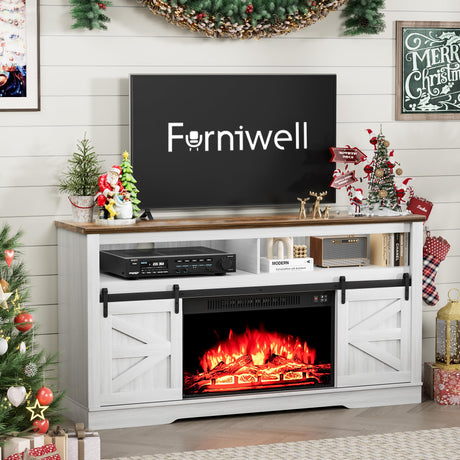 Furniwell Electric Fireplace TV Stand for TVs up to 65", Entertainment Center with 26” Fireplace Console Table with Sliding Barn Door and Adjustable Storage Shelves for Living Room (White) Furniwell