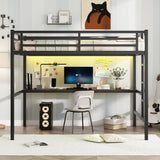 Metal Full Size Loft Bed with L-Shaped Desk, Loft Bed Full Size with Power Outlet and LED Lighted, Heavy Duty Metal High Loft Bedframe, Safety Guard & Ladder, Space-Saving, Noise Reduced, Black Janusline