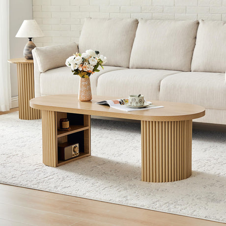 Oval Fluted Coffee Table, 47" Farmhouse Wood Coffee Table Mid Century Modern Center Table Boho Living Room Tables for Living Room Office,Natural RUSTYER