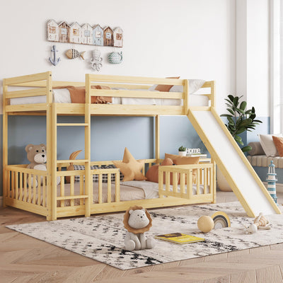 Duxelifin Twin Over Twin Low Bunk Beds with Slide, Low Bunk Bed Frame with Detachable Rails, Convertible Wood Bunk Bed with Ladder for Kids Boys Girls, Natural