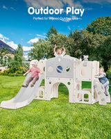 Babytronic Toddler Slide Set, 8 in 1 Kids Slide with Climber, Indoor Outdoor Slide for Toddlers Age 1-3, Toddler Playset with Basketball Hoop and Tunnel, Toddler Indoor Outdoor Playground (White&Gray) Babytronic