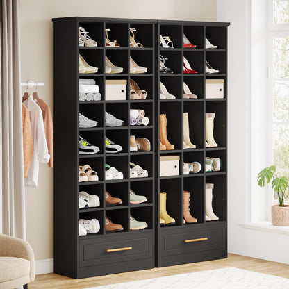 Tribesigns Set of 2 Black Shoe Cabinet, 71" Tall Wooden Shoe Cabinet with Bottom Drawer, 71" Freestanding Shoes Storage Orgainzer with 24 Cubbies for Closet, Entryway (2, Black) - WoodArtSupply