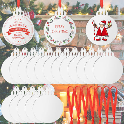 Jetec Christmas Sublimation Blank Pendants Double Side MDF Personalized Blank Bulk Heat Transfer Blank Hanging Pendant White Sublimation Ornament with Red Ribbon for DIY (18 Pcs,3.5 x 2.9 x 0.1 Inch)