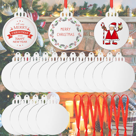 Jetec Christmas Sublimation Blank Pendants Double Side MDF Personalized Blank Bulk Heat Transfer Blank Hanging Pendant White Sublimation Ornament with Red Ribbon for DIY (18 Pcs,3.5 x 2.9 x 0.1 Inch) Jetec