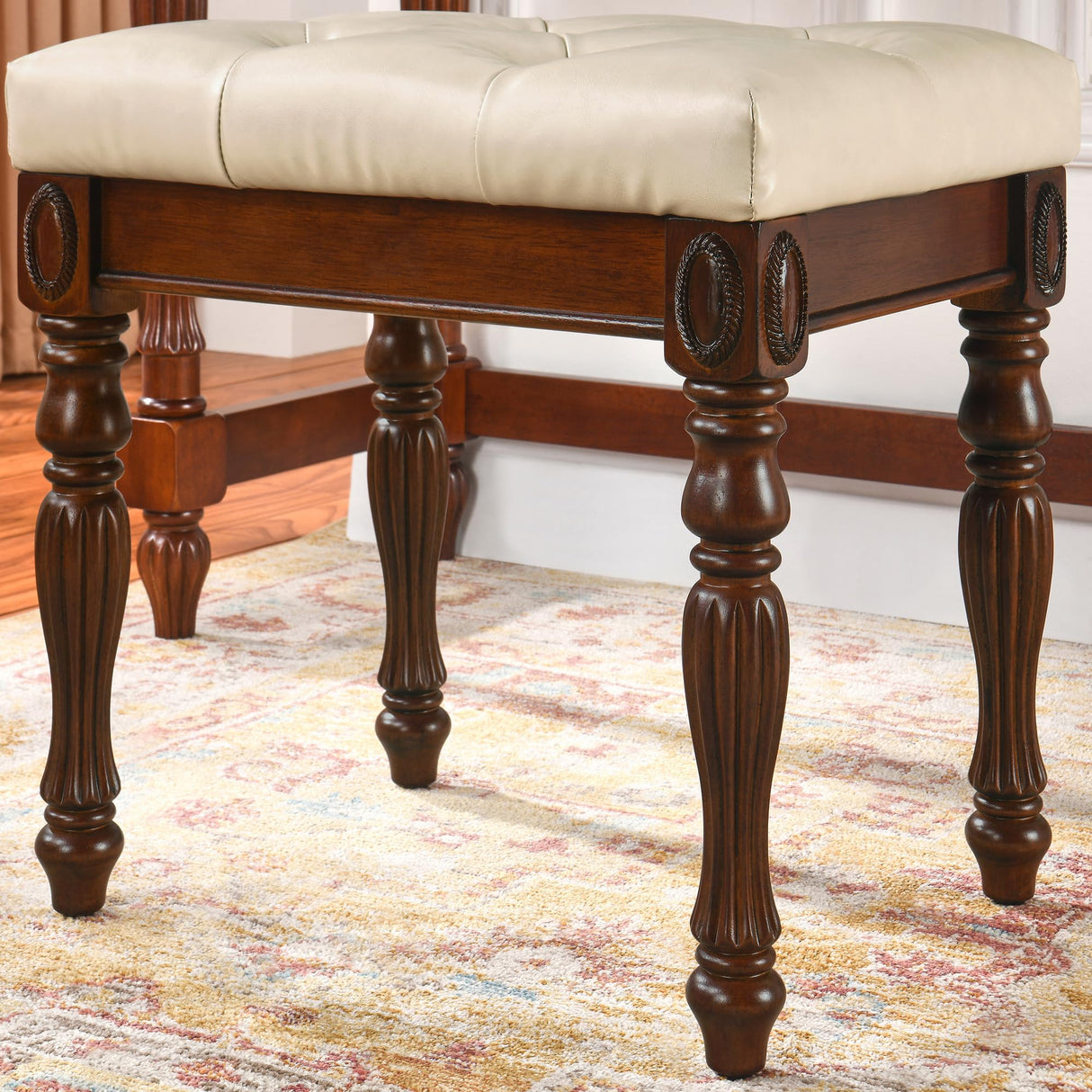 MODERION Vanity Bench Stool with Padded Cushion, Piano Bench with Solid Wood Carving Legs, Home Chairs Button Breathing Leather Upholstered Seat, MODERION