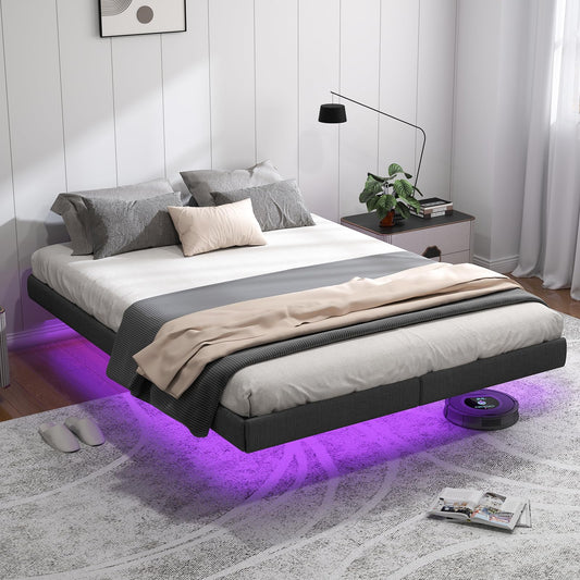 Floating Queen Bed Frame with LED Lights & Under-Bed Storage by RVONOW - WoodArtSupply