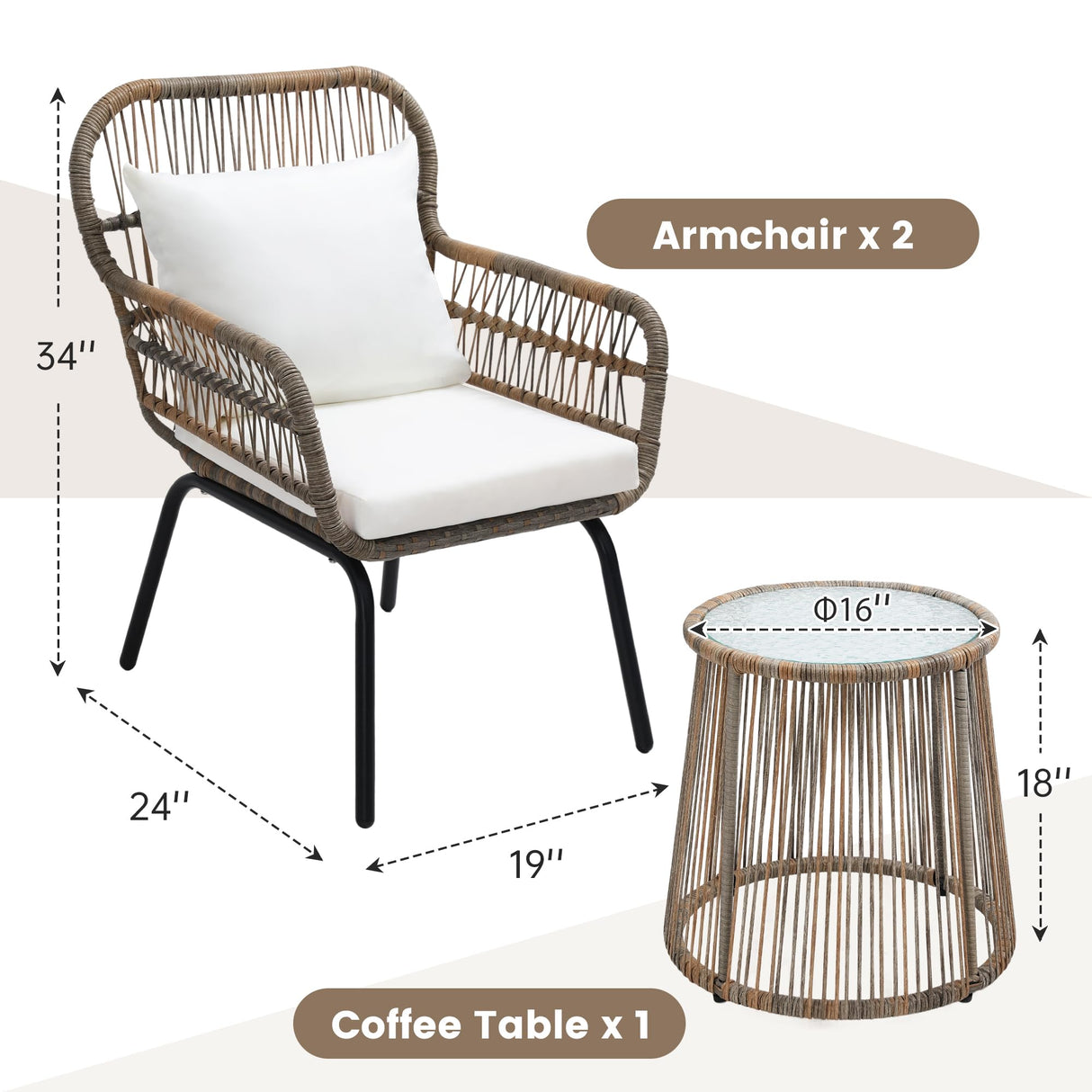 wildformers 3 Piece Rattan Wicker Bistro Set, Outdoor Conversation Furniture Set with Glass Top Table, Space Saving for Balcony, Backyard, Natural wildformers