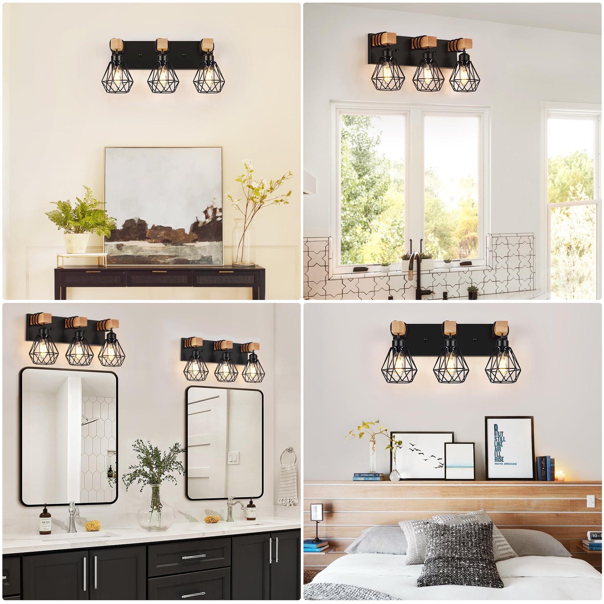 FadimiKoo 3-Light Farmhouse Bathroom Vanity Light Fixtures, Wood Bathroom Lighting Over Mirror, Black Vanity Lights with Metal Lampshade, Vintage Wall Light Fixtures for Bedroom, Living Room, - WoodArtSupply