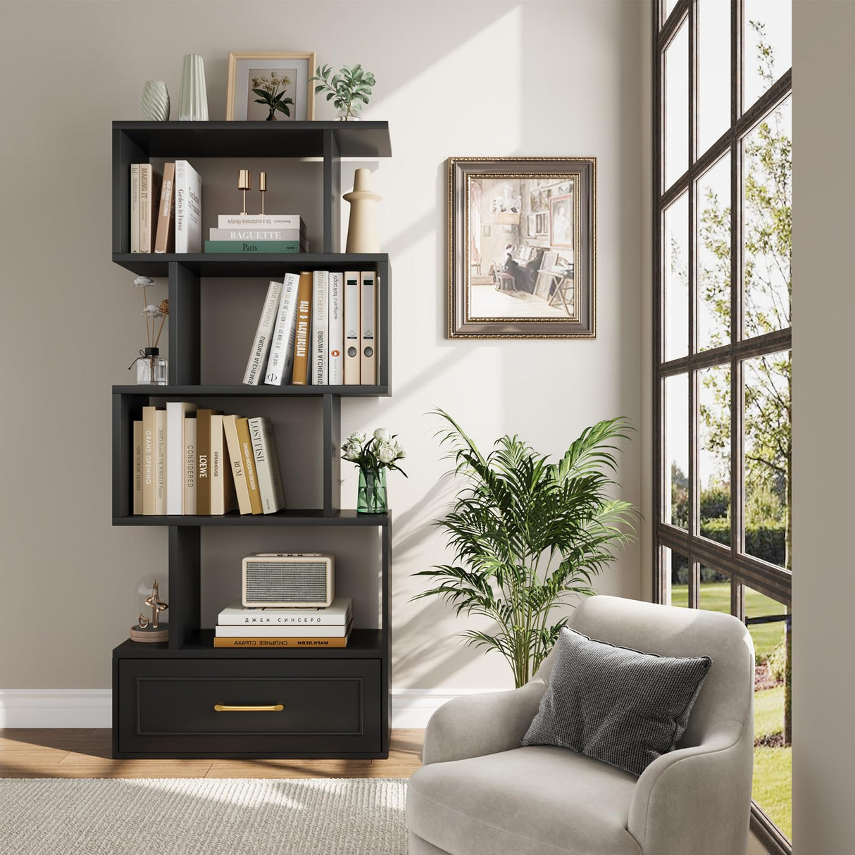 Geometric Bookshelf, 59” Tall S Shaped Bookshelf with Drawer, 5 Tier Bookshelf with Anti-Tipping Device, Wood Geometric Open Storage Display Shelf for Living Room,Study Room,Office,Bedroom(Black) HOTLUU