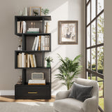 Geometric Bookshelf, 59” Tall S Shaped Bookshelf with Drawer, 5 Tier Bookshelf with Anti-Tipping Device, Wood Geometric Open Storage Display Shelf for Living Room,Study Room,Office,Bedroom(Black) HOTLUU