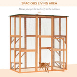 PawHut Outdoor Cat House Big Catio Wooden Feral Cat Shelter Enclosure with Large Spacious Interior, 6 High Ledges, Weather Protection Asphalt Roof, 71" L, Orange PawHut